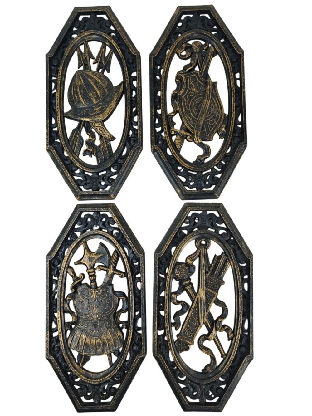Vintage Syroco Wall Plaques Knights Armor Gothic Black & Gold Decorative Set